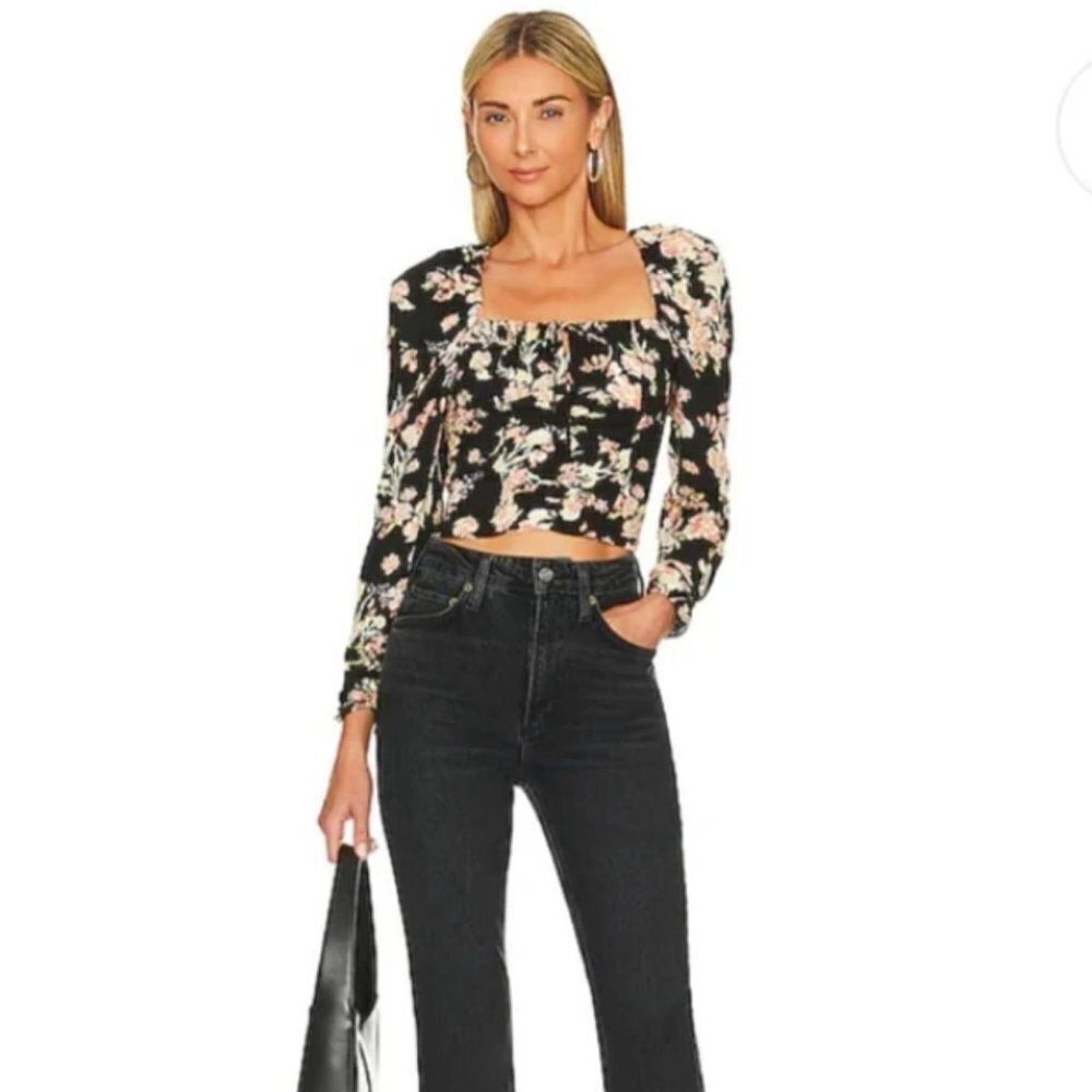 FREE PEOPLE Hilary Floral Cropped Top Square Neck Puff Sleeve Smocked Sz XL NWT